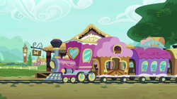 Size: 1280x720 | Tagged: safe, derpibooru import, screencap, growing up is hard to do, background, friendship express, no pony, ponyville, ponyville express, scenic ponyville, train station