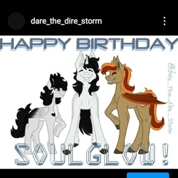 Size: 720x720 | Tagged: safe, alternate version, artist:darestorm, derpibooru import, oc, oc only, bat pony, pegasus, pony, bat pony oc, bat wings, colored hooves, happy birthday, pegasus oc, raised hoof, smiling, wings