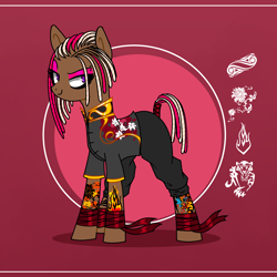 Size: 4000x4000 | Tagged: safe, artist:bonpikabon, derpibooru import, oc, oc only, oc:june blaze, earth pony, pony, bandage, clothes, cornrows, eyebrow piercing, eyeshadow, female, makeup, mare, pants, piercing, raised eyebrow, ribbon, shirt, smiling, smirk, solo, tape, tattoo