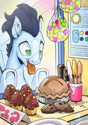 Size: 955x1351 | Tagged: safe, artist:mysticalpha, derpibooru import, soarin', pegasus, pony, bakery, candy, cookie, cupcake, eclair, food, heart eyes, looking at something, male, open mouth, pie, solo, stallion, that pony sure does love pies, tongue out, want, wingding eyes