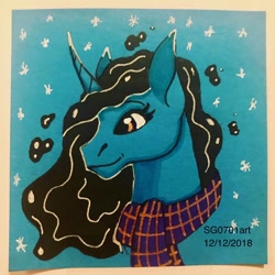 Size: 1080x1080 | Tagged: safe, artist:stargazerseven, derpibooru import, princess luna, alicorn, pony, bust, clothes, female, mare, scarf, smiling, solo, traditional art