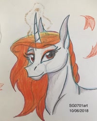 Size: 1080x1350 | Tagged: safe, artist:stargazerseven, derpibooru import, oc, oc only, pony, unicorn, bust, glowing horn, horn, leaves, smiling, solo, traditional art, unicorn oc