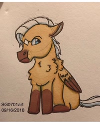 Size: 1080x1345 | Tagged: safe, artist:stargazerseven, derpibooru import, oc, oc only, pegasus, pony, bust, chest fluff, frown, pegasus oc, sitting, socks (coat marking), solo, traditional art, two toned wings, wings