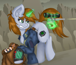 Size: 3051x2607 | Tagged: safe, artist:nightydream, derpibooru import, oc, oc only, oc:calamity, oc:littlepip, oc:velvet remedy, pony, unicorn, fallout equestria, clothes, female, gun, handgun, little macintosh, magic, mare, pipbuck, revolver, telekinesis, toy, vault suit