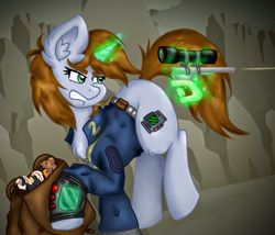 Size: 3051x2607 | Tagged: safe, artist:nightydream, derpibooru import, oc, oc only, oc:calamity, oc:littlepip, oc:velvet remedy, pony, unicorn, fallout equestria, clothes, female, gun, handgun, little macintosh, magic, mare, pipbuck, revolver, telekinesis, toy, vault suit