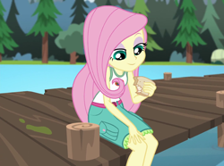 Size: 1450x1080 | Tagged: safe, derpibooru import, screencap, fluttershy, equestria girls, legend of everfree, camp everfree outfits, cropped, forest, lake, pier, sleeveless, solo