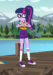 Size: 634x898 | Tagged: safe, derpibooru import, screencap, sci-twi, twilight sparkle, equestria girls, legend of everfree, camp everfree outfits, cropped, forest, lake, lifejacket, mountain, pier, solo