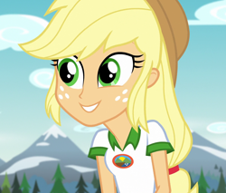 Size: 1270x1080 | Tagged: safe, derpibooru import, screencap, applejack, equestria girls, legend of everfree, camp everfree outfits, cropped, cute, jackabetes, smiling, solo