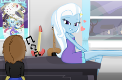 Size: 2011x1323 | Tagged: safe, artist:grapefruitface1, artist:invisibleink, derpibooru import, trixie, oc, oc:grapefruit face, equestria girls, canon x oc, clothes, dress, grapexie, playing piano, shipping, window