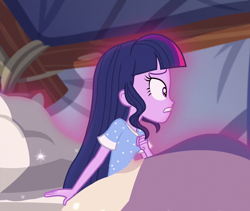 Size: 1258x1060 | Tagged: safe, derpibooru import, screencap, sci-twi, twilight sparkle, equestria girls, legend of everfree, bed, clothes, cropped, in bed, loose hair, magic, magic aura, missing accessory, pajamas, solo