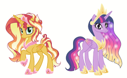 Size: 1600x980 | Tagged: safe, artist:bounswetie, artist:sir-psych0-s3xy, artist:starshade, derpibooru import, sunset shimmer, twilight sparkle, twilight sparkle (alicorn), alicorn, pony, alicornified, base used, female, mare, race swap, shimmercorn, simple background, transparent background