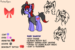 Size: 1200x800 | Tagged: safe, artist:machacapigeon, oc, oc only, oc:ruby shadow, pony, unicorn, bow, coat, eyeliner, open mouth, piercing, signature, simple background, solo, text, tongue out