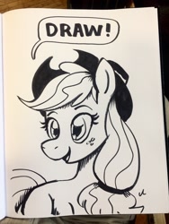 Size: 1536x2048 | Tagged: safe, artist:docwario, derpibooru import, applejack, earth pony, pony, applejack's hat, cowboy hat, drawing, hat, jacktober, monochrome, open mouth, pun, quick draw, solo, speech bubble, traditional art