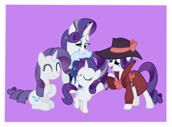 Size: 2726x2022 | Tagged: safe, artist:squipycheetah, derpibooru import, part of a set, rarity, pony, unicorn, rarity investigates, the last problem, bow, clapping, clothes, commonity, cute, detective rarity, element of generosity, eyes closed, female, filly, filly rarity, happy, happy birthday mlp:fim, hat, looking down, mare, mlp fim's tenth anniversary, multeity, older, older rarity, purple background, raised hoof, self ponidox, simple background, sitting, smiling, time paradox, trenchcoat, younger