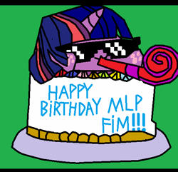 Size: 540x520 | Tagged: safe, derpibooru import, twilight sparkle, unicorn, bongo cat, cake, drawing, female, food, happy birthday mlp:fim, mlp fim's tenth anniversary, party, party horn, solo