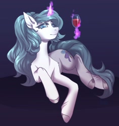 Size: 3252x3463 | Tagged: safe, artist:helemaranth, derpibooru import, oc, oc only, oc:silk lace, pony, unicorn, female, lying down, magic, mare, solo, telekinesis, wine, wine glass