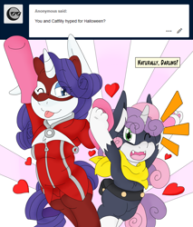 Size: 2341x2750 | Tagged: safe, artist:blackbewhite2k7, derpibooru import, rarity, sweetie belle, pony, unicorn, ann takamaki, ask, clothes, cosplay, costume, crossover, halloween, halloween costume, morgana, panther (persona), parody, persona 5