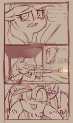 Size: 774x1302 | Tagged: safe, artist:yoditax, derpibooru import, fluttershy, pegasus, pony, 3 panel comic, badass, comic, dialogue, female, flutterbadass, gun, implied anon, looking at you, mare, monochrome, shooting range, solo, weapon