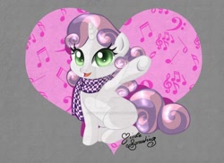 Size: 900x654 | Tagged: safe, artist:nemoturunen, derpibooru import, sweetie belle, pony, unicorn, clothes, deviantart watermark, female, filly, heart, looking at you, obtrusive watermark, open mouth, scarf, sitting, solo, watermark