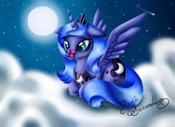 Size: 1024x745 | Tagged: safe, artist:nemoturunen, derpibooru import, princess luna, alicorn, butterfly, pony, cloud, cute, deviantart watermark, female, full moon, lunabetes, lying down, mare, moon, night, obtrusive watermark, prone, s1 luna, shooting star, solo, watermark