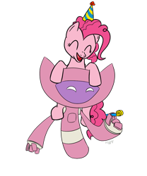 Size: 1000x1200 | Tagged: safe, artist:pyritie, derpibooru import, pinkie pie, earth pony, pony, crossover, deblob, deblob 2, hat, party hat, party horn, pinky, simple background, solo, streamer, transparent background