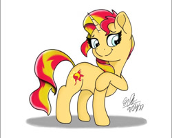 Size: 750x600 | Tagged: safe, artist:orcinuspony, derpibooru import, sunset shimmer, pony, unicorn, female, mare, raised hoof, simple background, smiling, solo, white background