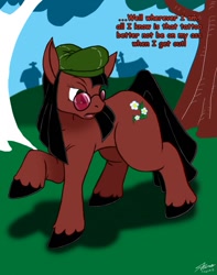 Size: 1010x1280 | Tagged: safe, artist:catmonkshiro, derpibooru import, oc, oc only, oc:daisychain, earth pony, pony, angry, bedroom eyes, cutie mark, digital art, female, glasses, hat, hooves, mare, open mouth, solo, tail, text, transformation, tree