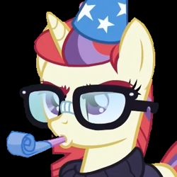 Size: 318x318 | Tagged: safe, artist:twilyisbestpone, derpibooru exclusive, derpibooru import, moondancer, pony, unicorn, amending fences, black background, female, frown, glasses, grumpy, hat, mare, moondancer is not amused, party hat, party horn, simple background, solo, unamused, vector