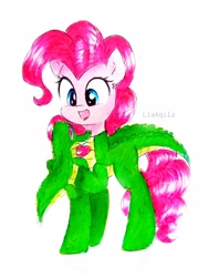 Size: 2194x2925 | Tagged: safe, artist:liaaqila, derpibooru import, gummy, pinkie pie, alligator, earth pony, pony, animal costume, clothes, costume, cute, diapinkes, simple background, solo, white background