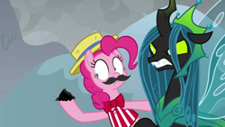 Size: 1920x1080 | Tagged: safe, derpibooru import, screencap, pinkie pie, queen chrysalis, changeling, changeling queen, earth pony, pony, the ending of the end, angry, ash, fake moustache, female, mare, ultimate chrysalis