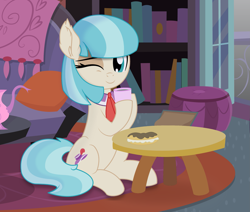 Size: 2313x1959 | Tagged: safe, artist:cyanlightning, artist:mlp-silver-quill, artist:slb94, derpibooru import, edit, coco pommel, earth pony, pony, cocobetes, coffee cup, cup, cute, female, looking at you, mare, one eye closed, sitting, smiling, smiling at you, solo, vector, vector edit, wink