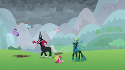 Size: 1920x1080 | Tagged: safe, derpibooru import, screencap, cozy glow, lord tirek, pinkie pie, queen chrysalis, rainbow dash, twilight sparkle, twilight sparkle (alicorn), alicorn, centaur, changeling, changeling queen, earth pony, pegasus, pony, the ending of the end, alicornified, cozycorn, fake moustache, female, fight, filly, male, mare, race swap, ultimate chrysalis