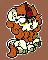 Size: 2560x3250 | Tagged: safe, artist:kimjoman, derpibooru import, autumn blaze, kirin, :p, autumn blaze's puppet, awwtumn blaze, chibi, cute, female, kirinbetes, simple background, solo, tongue out