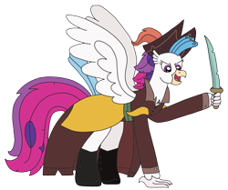 Size: 2934x2448 | Tagged: safe, artist:supahdonarudo, derpibooru import, queen novo, classical hippogriff, hippogriff, my little pony: the movie, boots, clothes, costume, halloween, halloween costume, hat, holiday, pirate, pirate hat, shoes, simple background, sword, transparent background, trenchcoat, weapon