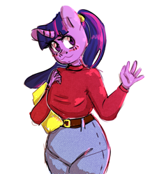 Size: 3805x4000 | Tagged: safe, artist:ranillopa, derpibooru import, twilight sparkle, unicorn twilight, anthro, unicorn, alternate hairstyle, blushing, clothes, simple background, student, sweater, white background