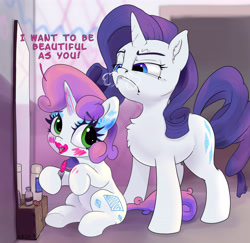 Size: 5000x4864 | Tagged: safe, artist:xbi, derpibooru import, rarity, sweetie belle, pony, unicorn, applying makeup, cute, diasweetes, fake cutie mark, heavy makeup, horses doing horse things, lipstick, makeup, mirror, rarity is not amused, snorting, unamused