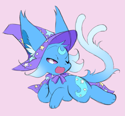 Size: 1041x965 | Tagged: safe, artist:moonphase249, derpibooru import, trixie, cape, clothes, colored sclera, crossover, espeon, female, hat, lying down, open mouth, pink background, pokefied, pokémon, simple background, solo, species swap, trixie's cape, trixie's hat