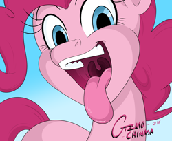 Size: 2750x2250 | Tagged: safe, artist:gizmochinasa, derpibooru import, pinkie pie, earth pony, pony, drool, drool string, esophagus, female, gullet, imminent vore, mare, mawshot, offscreen character, open mouth, oral invitation, pinkie pred, pov, saliva puddle, salivating, slimy, solo, taste buds, tongue out, uvula