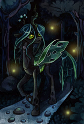 Size: 1562x2297 | Tagged: safe, artist:missopeho, derpibooru import, queen chrysalis, changeling, changeling queen, female, forest, night, solo