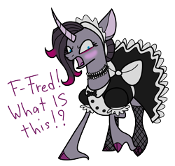 Size: 1448x1377 | Tagged: safe, artist:0xyr0, derpibooru import, oleander, classical unicorn, unicorn, them's fightin' herds, angry, blushing, clothes, cloven hooves, collar, community related, dress, embarrassed, fishnets, maid, raised hoof, simple background, solo, transparent background, unshorn fetlocks