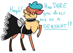 Size: 1280x929 | Tagged: safe, artist:0xyr0, derpibooru import, velvet reindeer, deer, reindeer, them's fightin' herds, angry, clothes, collar, community related, dress, eyes closed, fishnet stockings, hmph, maid, pouting, raised hoof, simple background, solo, transparent background