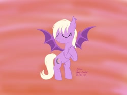 Size: 1280x960 | Tagged: safe, artist:cityflyer502, derpibooru import, oc, oc only, oc:pinkfull night, bat pony, pony, bat pony oc, bat wings, fangs, female, flying, hooves to the chest, solo, sunset, teenager, wings