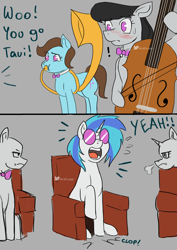 Size: 2480x3508 | Tagged: safe, artist:nire, derpibooru import, beauty brass, dj pon-3, octavia melody, vinyl scratch, earth pony, pony, unicorn, blushing, bowtie, cello, cheering, clapping, confused, embarrassed, glasses, musical instrument, seats, sousaphone, stomping