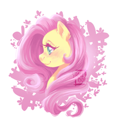 Size: 851x900 | Tagged: safe, artist:yami-sempai, derpibooru import, fluttershy, butterfly, pegasus, pony, bust, cute, ear fluff, female, mare, portrait, profile, shyabetes, solo