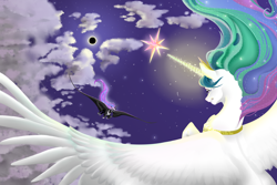 Size: 1500x1000 | Tagged: safe, artist:arickoworkshop, derpibooru import, nightmare moon, princess celestia, alicorn, pony, cloud, crown, eclipse, element of magic, fight, flying, glowing horn, horn, jewelry, moon, regalia