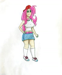 Size: 1352x1641 | Tagged: safe, artist:martialarts2003, derpibooru import, fluttershy, equestria girls, belly button, breasts, clothes, denim skirt, female, hand on hip, hat, hootershy, long hair, midriff, shirt, skirt, solo, tanktop, traditional art