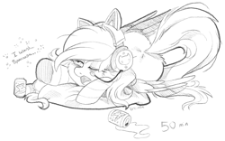 Size: 1834x1145 | Tagged: safe, artist:breioom, derpibooru import, oc, oc only, oc:bay breeze, pegasus, clothes, cute, female, gamer, headset, mare, monochrome, mountain dew, pillow, sketch, socks, striped socks, tired, traditional art
