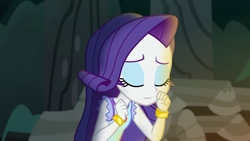 Size: 1920x1080 | Tagged: safe, derpibooru import, edit, edited screencap, editor:mycarhasamoustache, screencap, rarity, equestria girls, legend of everfree, camp everfree outfits, eyes closed, female, jewelry, smile edit, solo