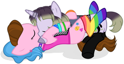 Size: 3233x1680 | Tagged: safe, alternate version, artist:unichan, derpibooru import, oc, oc only, oc:glitter ink, oc:sunshine smiles (ice1517), earth pony, pony, unicorn, black socks, choker, clothes, commission, ear piercing, earring, eyes closed, female, fishnet clothing, french kiss, hug, jewelry, kissing, lesbian, multicolored hair, oc x oc, piercing, rainbow socks, shipping, simple background, socks, stockings, striped socks, tanktop, tattoo, thigh highs, transparent background, unshorn fetlocks, wristband, ych result