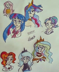 Size: 540x665 | Tagged: safe, derpibooru import, fluttershy, luster dawn, princess celestia, princess luna, princess twilight 2.0, starlight glimmer, twilight sparkle, twilight sparkle (alicorn), alicorn, human, the last problem, humanized, s1 luna, signature, traditional art